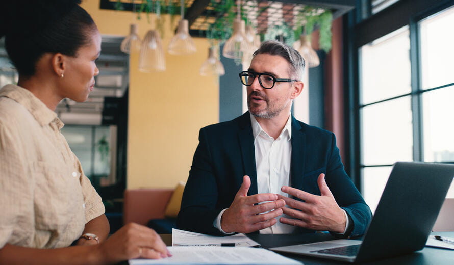 a man and a woman talking